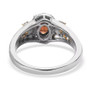 full view of red and white zircon oval halo ring in two-tone 18k yellow gold and rhodium over sterling silver