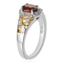 side view of red and white zircon oval halo ring in two-tone 18k yellow gold and rhodium over sterling silver