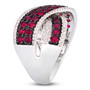 side view of ruby and diamond crossover ring in solid 14k white gold