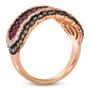 full view of ruby and white diamond brown diamond wide band ring in solid 14k rose gold