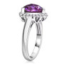 side view of lab color change sapphire and lab diamond trillion halo ring in 10k white gold