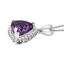 side view of lab color change sapphire and lab diamond trillion halo pendant necklace in 10k white gold