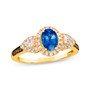 natural sapphire white and brown diamond oval halo ring in 14k yellow gold