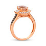 full view of morganite brown and white diamond oval halo ring in 14k rose gold