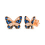 side view of blue sapphire white and black diamond butterfly earrings in 14k rose gold