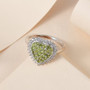 vesuvianite and white zircon heart cluster ring in rhodium over sterling silver shown in a lifestyle photo