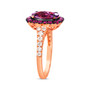 side view of rose de france amethyst rhodolite garnet and diamond halo ring in 14k rose gold