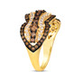 full view of brown and white diamond wave cluster band ring in 14k yellow gold