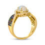 side view of opal sapphire and garnet multi-gem halo cluster ring in 14k yellow gold