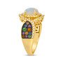side view of opal sapphire and garnet multi-gem halo cluster ring in 14k yellow gold