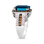 side view of london blue topaz brown and white diamond halo ring in 14k white gold