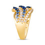 full view of shades of blue sapphire and diamond multi-row wave band ring 14k yellow gold