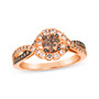brown and champagne diamond halo twist ring in 14k rose gold