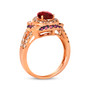 side view of rhodolite garnet pink sapphire and white sapphire champagne diamond pear double halo ring in 14k rose gold