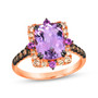 front view of amethyst and pink sapphire mixed brown diamond halo ring in 14k rose gold