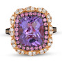 front view of amethyst pink tourmaline and diamond cushion halo ring in 14k rose gold with black rhodium