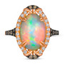 front view of ethiopian opal white and brown diamond halo ring in 14k rose gold with black rhodium
