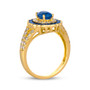 side view of blue sapphire and champagne diamond oval halo ring in 14k yellow gold