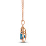 side view of london blue topaz champagne and black diamond owl pendant necklace in 14k rose gold