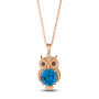 front view of london blue topaz champagne and black diamond owl pendant necklace in 14k rose gold