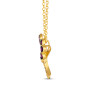 side view of blue sapphire amethyst and rhodolite garnet champagne diamond hummingbird pendant necklace in 14k yellow gold