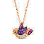 amethyst and rhodolite garnet champagne and black diamond bird pendant necklace in 14k rose gold