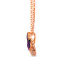 side view of amethyst and rhodolite garnet champagne and black diamond bird pendant necklace in 14k rose gold