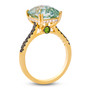 side view of prasiolite brown and white diamond solitaire ring with tsavorite accents in 14k yellow gold
