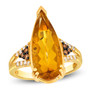 front view of elongated pear citrine white and brown diamond ring in 14k yellow gold