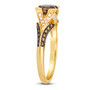 full view of brown and white diamond split shank ring in 14k yellow gold