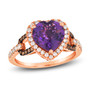 front view of amethyst white and brown diamond heart halo ring in 14k rose gold