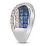 full view of blue sapphire and white diamond crisscross band ring in 14k white gold