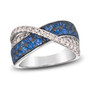 blue sapphire and white diamond crisscross band ring in 14k white gold