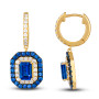 side view of tanzanite blue sapphire and diamond halo drop earrings in 14k yellow gold