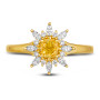 front view of yellow diamond and white diamond cushion halo sunburst ring in 14k yellow gold