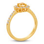 side view of yellow diamond and white diamond halo cushion ring in 14k yellow gold