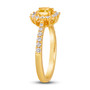 full view of yellow diamond and white diamond halo cushion ring in 14k yellow gold