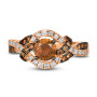 front view of brown diamond and white diamond split shank ring in 14k rose gold with black rhodium