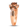 full view of brown diamond and white diamond split shank ring in 14k rose gold with black rhodium