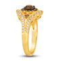 side view of brown and white diamond round halo ring in 14k yellow gold