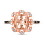 front view of morganite white and brown diamond cushion halo ring in 14k rose gold