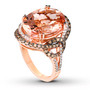 side view of morganite brown and white diamond halo ring in 14k rose gold