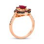 side view of garnet white and brown diamond double halo ring in 14k rose gold