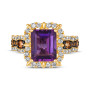 amethyst and brown diamond 14k yellow gold halo ring flat lay