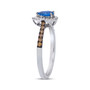 side view of dainty sapphire white and brown diamond halo ring in 14k white gold