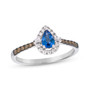 front view of dainty sapphire white and brown diamond halo ring in 14k white gold