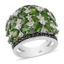chrome diopside black spinel and white zircon wide cluster band ring in rhodium over sterling silver