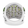 full view of chrome diopside black spinel and white zircon wide cluster band ring in rhodium over sterling silver
