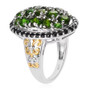 side view of chrome diopside and black spinel oval cluster halo ring in 18k yellow gold and rhodium over sterling silver