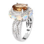 side view of scapolite ethiopian opal and white zircon halo ring in rhodium over sterling silver
